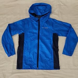 Columbia Vibrant Blue and Navy Hooded Rain Jacket. Size Medium 10/12
